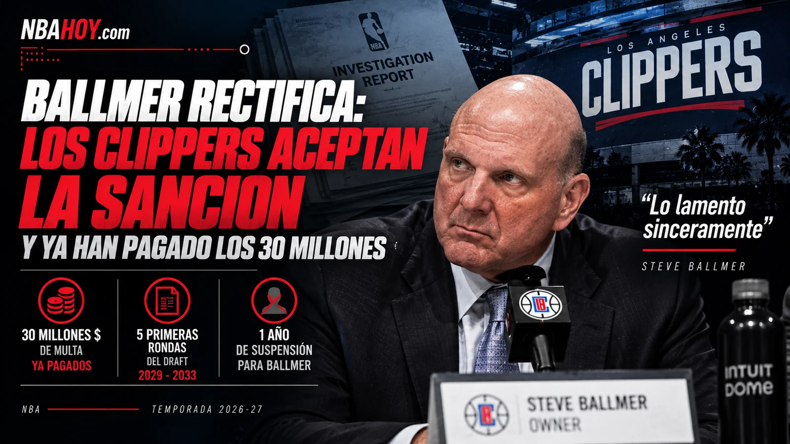 Steve Ballmer acepta la sanción de la NBA: 30 millones de multa ya pagados, cinco primeras rondas del draft y un año de suspensión