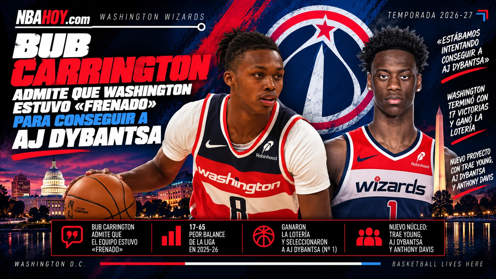 Bub Carrington y AJ Dybantsa: Washington estuvo frenado para conseguir el número uno del Draft