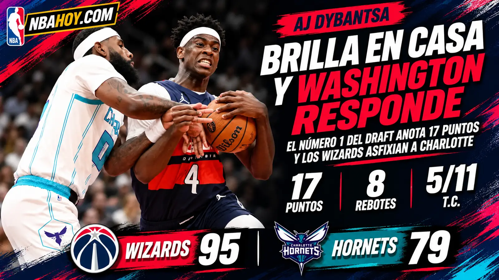 AJ Dybantsa debuta en casa en el Wizards 95-79 Hornets