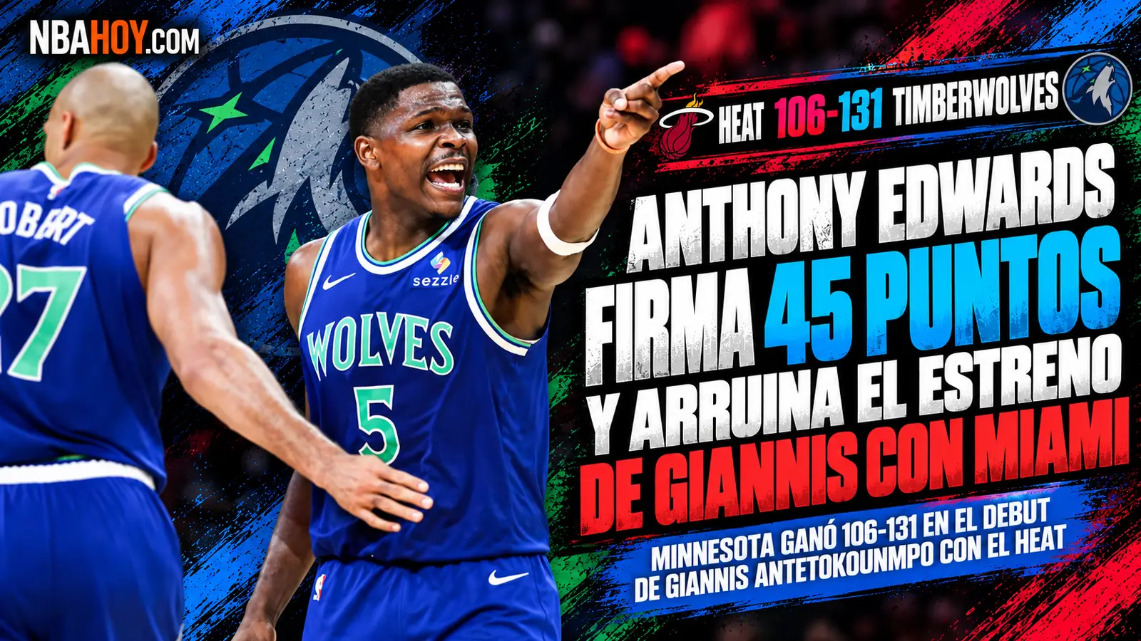 Anthony Edwards celebra en el Heat 106-131 Timberwolves