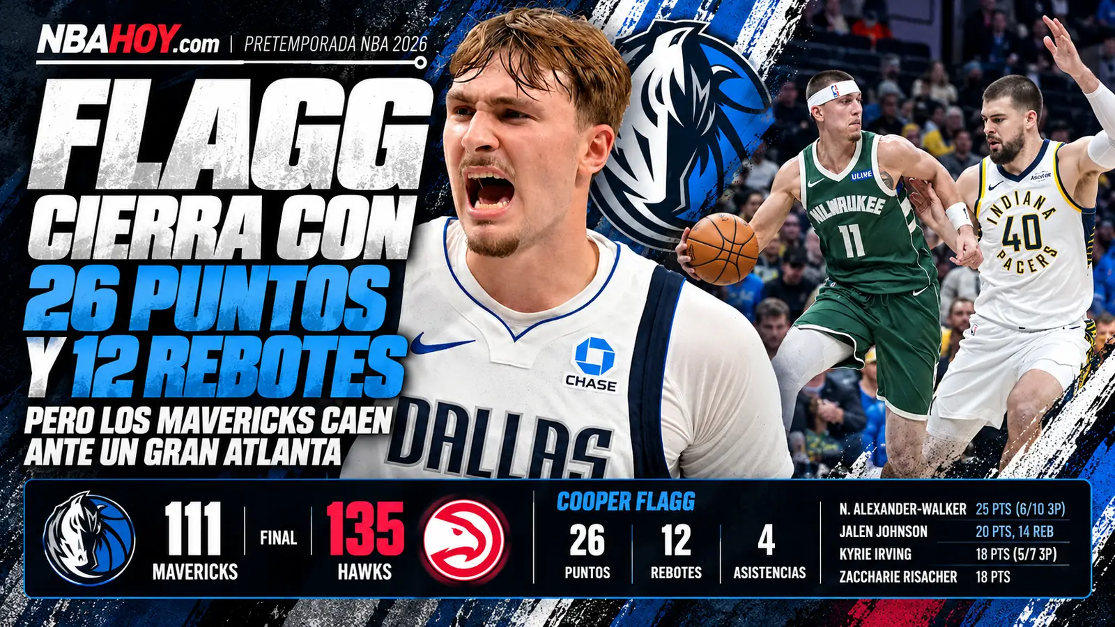 Cooper Flagg, 26 puntos y 12 rebotes en la derrota de los Mavericks ante los Hawks