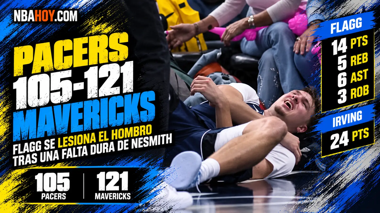 Cooper Flagg, en el suelo tras la falta de Nesmith en el Pacers 105-121 Mavericks