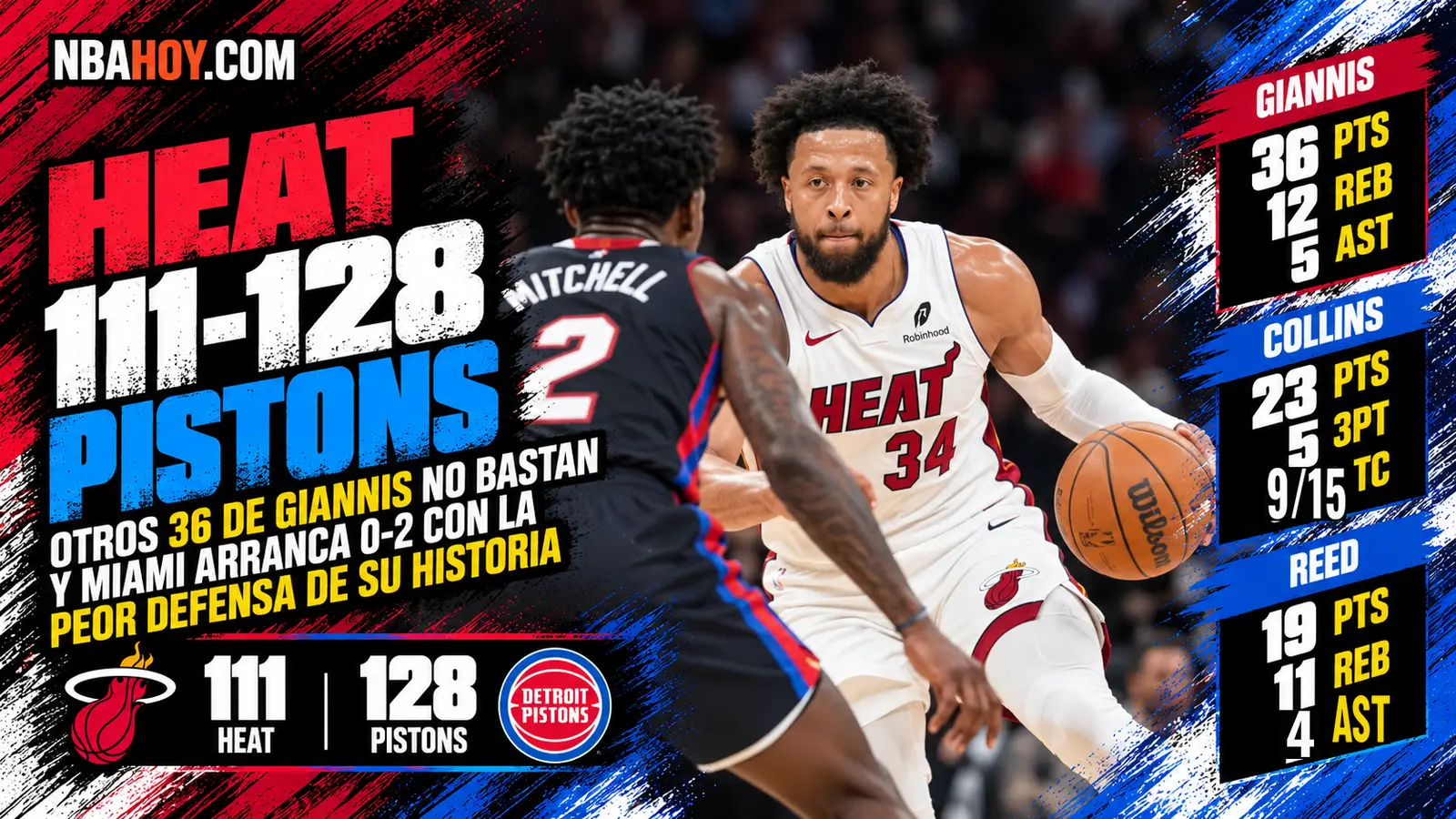 Giannis Antetokounmpo ante Davion Mitchell en el Heat 111-128 Pistons