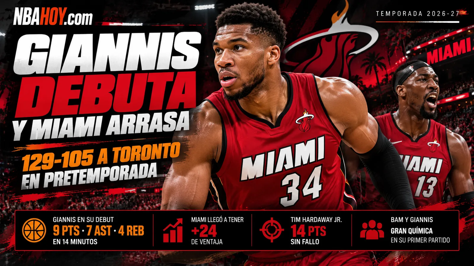 Giannis Antetokounmpo debuta con Miami Heat ante Toronto Raptors