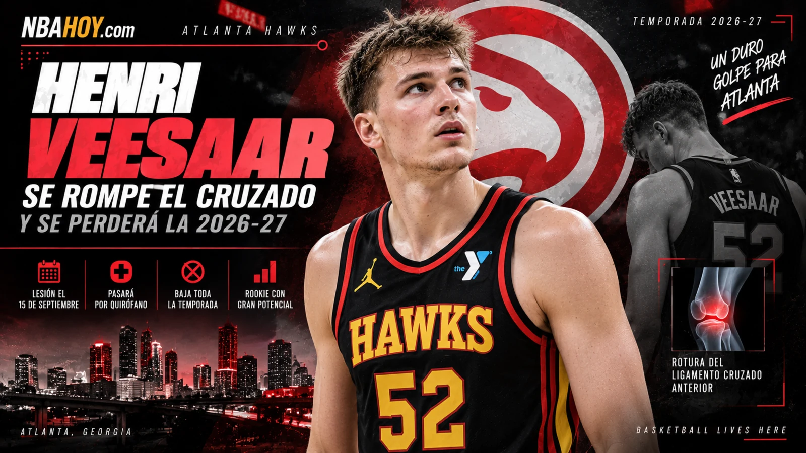 Henri Veesaar se perderá la temporada 2026-27 con Atlanta Hawks por una rotura del ligamento cruzado anterior