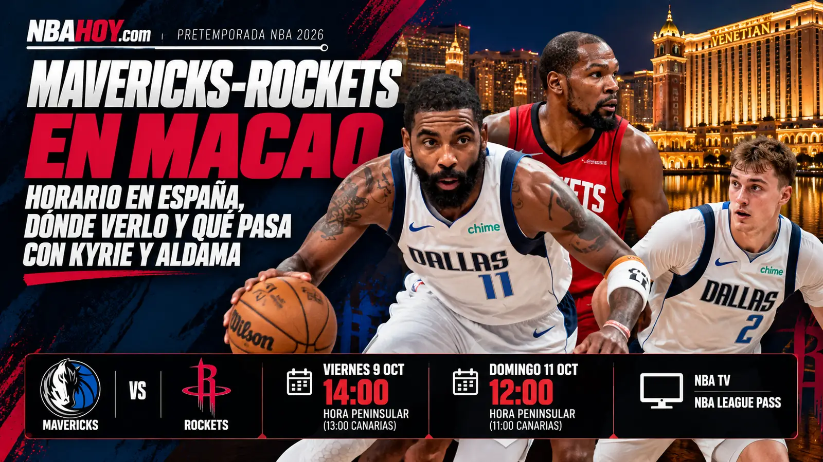 Mavericks-Rockets en Macao: viernes 9 de octubre a las 14:00 y domingo 11 a las 12:00, hora peninsular