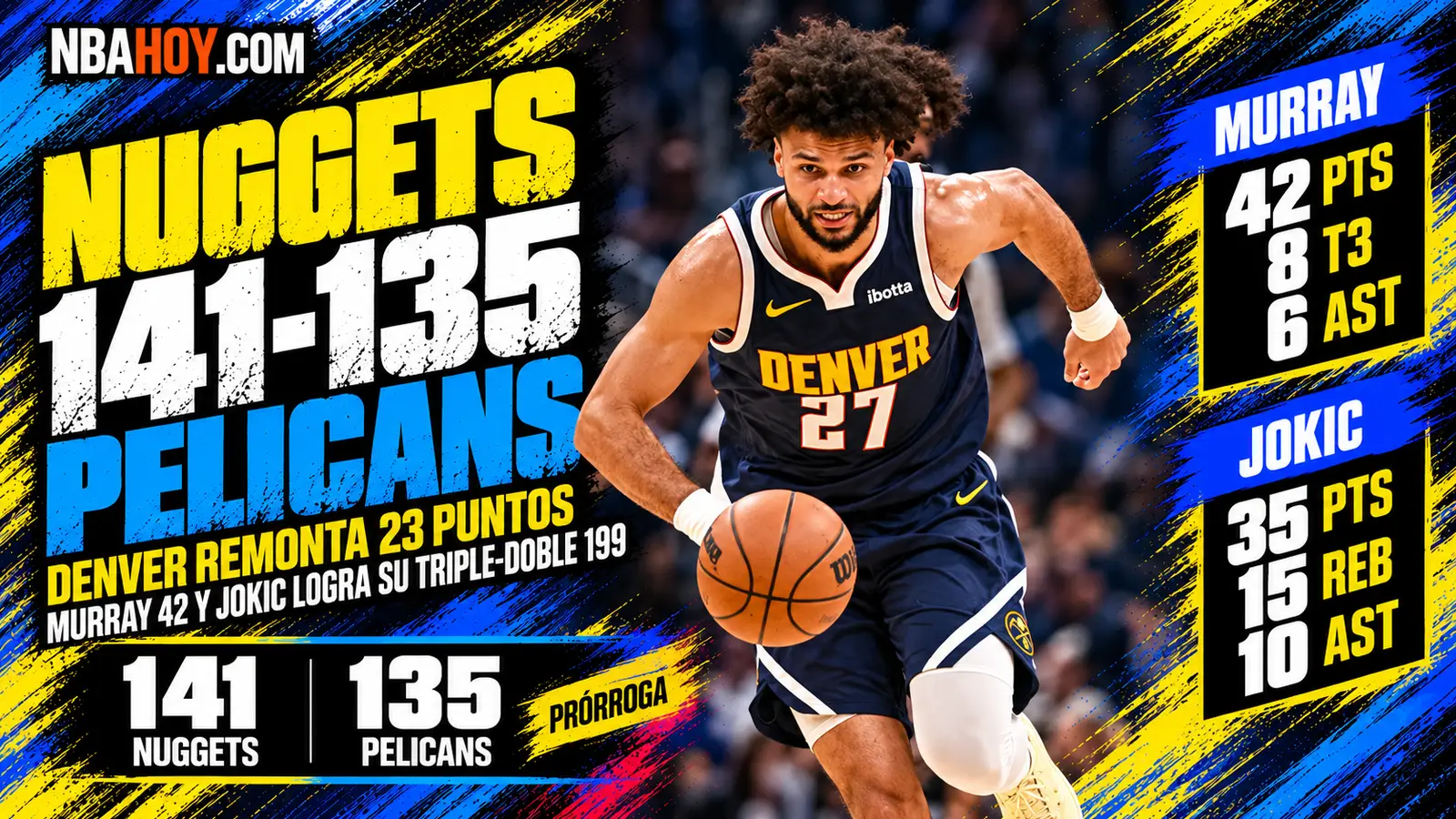 Jamal Murray, 42 puntos en el Nuggets 141-135 Pelicans tras la prórroga