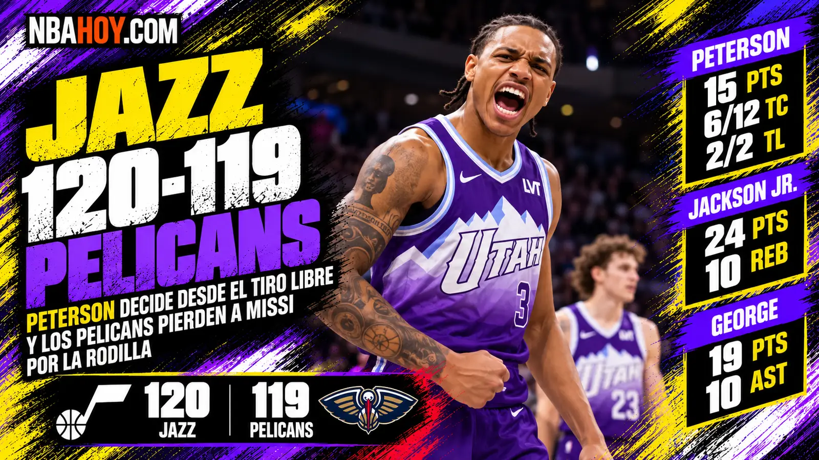 Darryn Peterson celebra en el Jazz 120-119 Pelicans