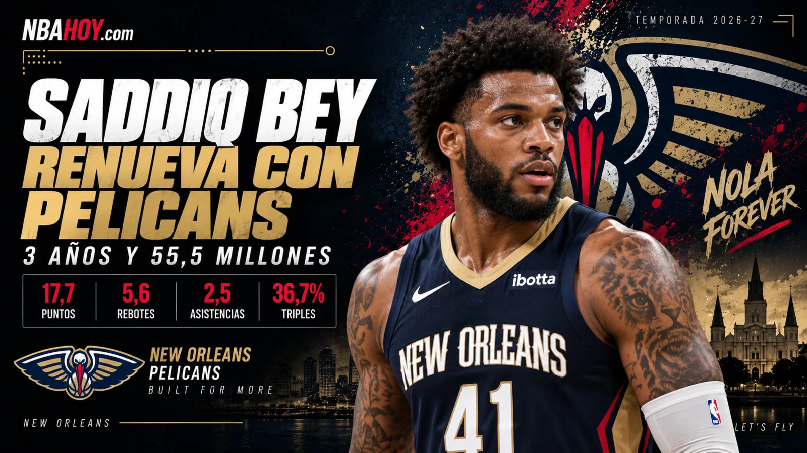 Saddiq Bey renueva con New Orleans Pelicans por tres años y 55,5 millones de dólares