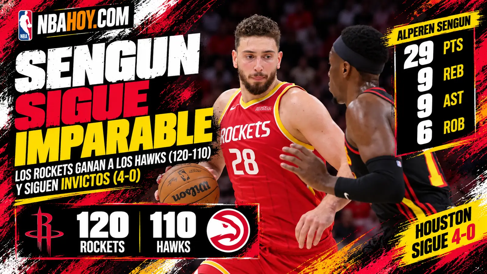 Sengun sigue imparable: Rockets 120-110 Hawks y Houston, 4-0