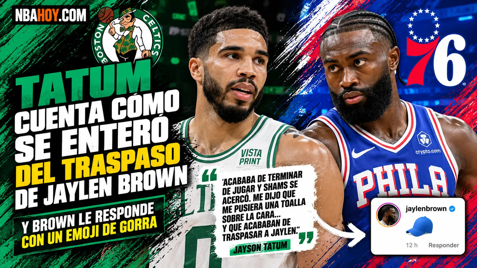 Jayson Tatum y Jaylen Brown, con la cita de Tatum y el emoji de gorra de Brown