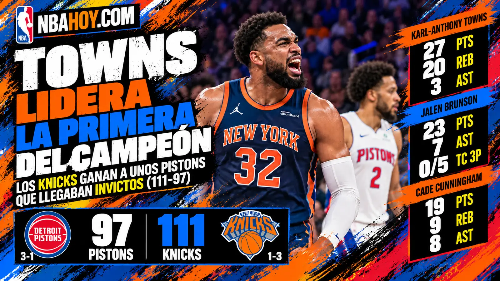Towns lidera la primera victoria del campeón: Knicks 111-97 Pistons